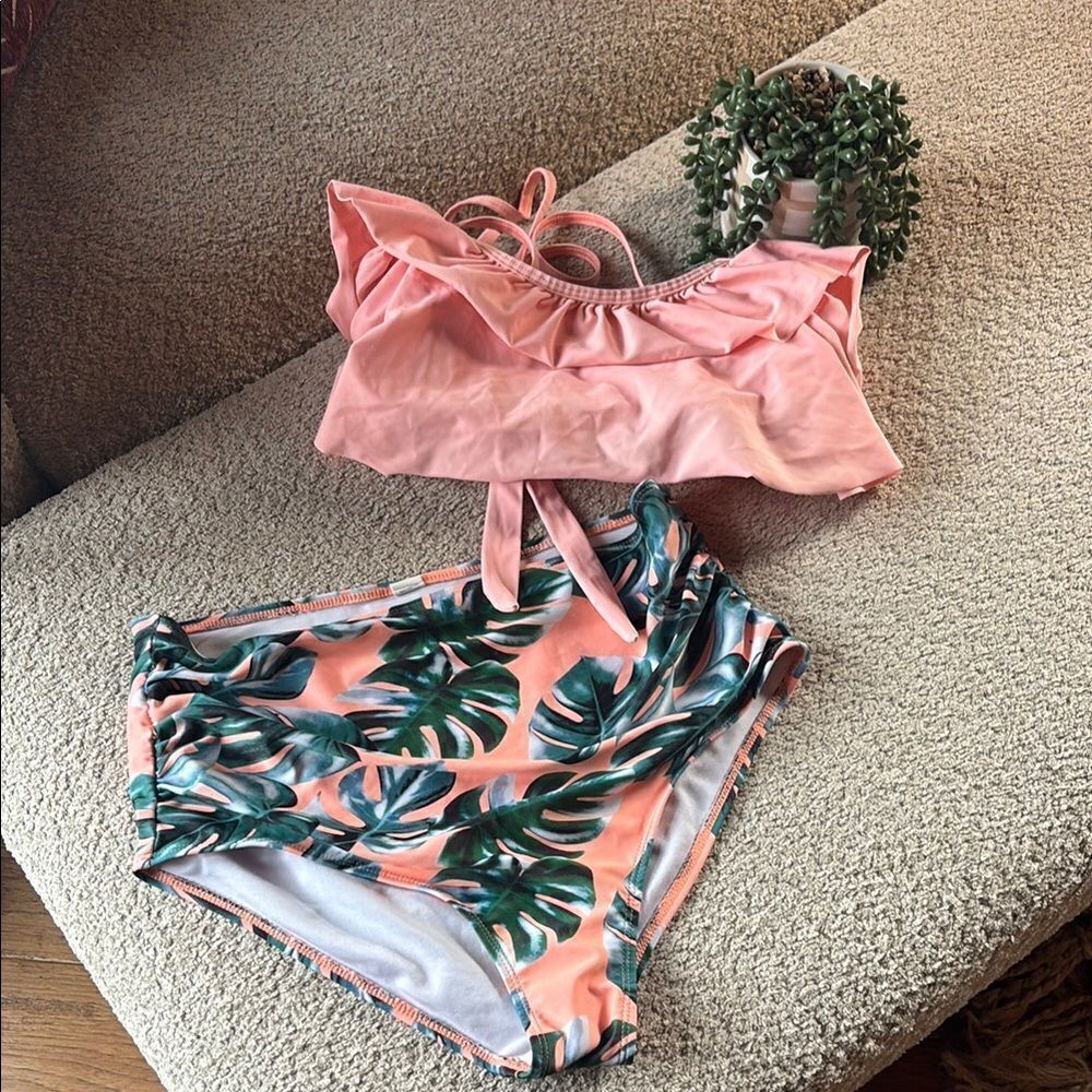 Pink Ruffle Bikini with Tropical Leaf Print
